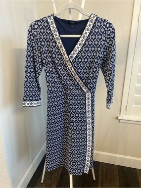 Talbots Navy & White Medallion Print Faux Wrap Dress - Size S